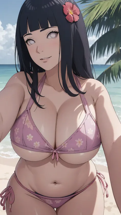 masterpiece, hinata(boruto), 1girl, mature women, (((floral bikini))), (((selfie))), (((Close-up photo))), (((cleavage))), (((big breasts))), (((big round breasts))), (((round breasts))), (((extremely heavy breasts))), (((Colossal tits))), (((heavy breasts...