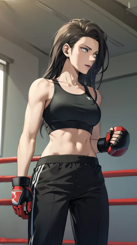 sports bra, toned,muscular,long black pants, boxing gloves, high quality, masterpiece