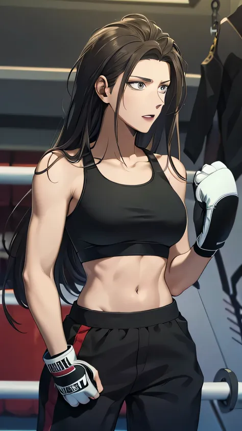 sports bra, toned,muscular,long black pants, boxing gloves, high quality, masterpiece