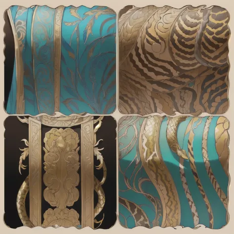 four different patrones of different colors and texturas, various origins, detailed colored texturas, colorful patterns, animal print pattern, Snakes,  tigre, feathers, gold flakes, Snakes oro