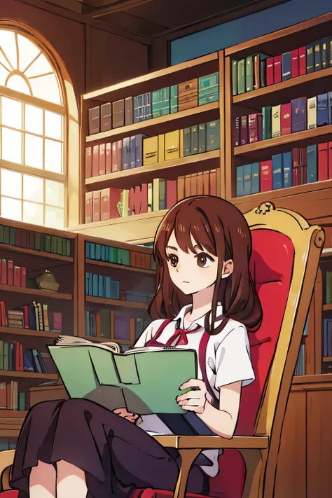 library reading a book on a chair brown hair brown eyes