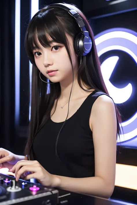 Highest quality、８K、Photorealistic、Masterpiece、Japanese girl、headphone、cute、17 years old、Black Tank Top、dj、Turntable、club house、Dance Studio、Long Hair、bangs、