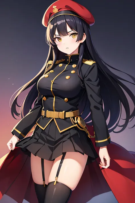 Manga illustration、アニメ、secondary creation、Eyepatch on left eye、Yellow eyes、Long Black Hair、Black military uniform、Red beret、Beauty、Adult woman、Big Breasts、High resolution、Long Hair、chest、masterpiece、accurate、Big chest、Long Hair、Medals、Cool、adult、skirt、gart...