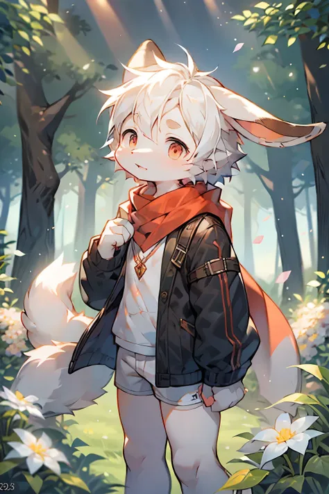 Dwarf rabbit boy，Bunny ears，Furry boys，Baby characteristics，Red pupil，White skin，White Arm，White hair，scarf，shorts，Forest Background，Flowers