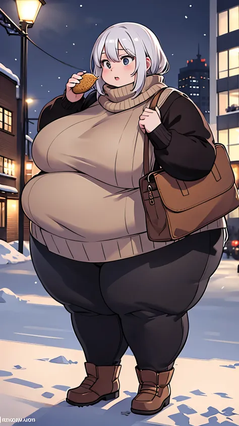 extremely obese woman, white hair, saggy breasts, big breasts, sanding in the middle of a snowy street of a big city , nighttime...