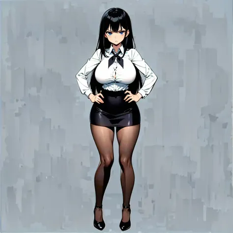 1woman, long black hair, blue eyes, big breast, wide hips, thick tighs, white buttoned shirt, black tie, black skirt, black stockings, angry expression, ((hands on hips)), ((full body)), ((solo)), ((best quality)), ((masterpiece)), portrait, looking at the...