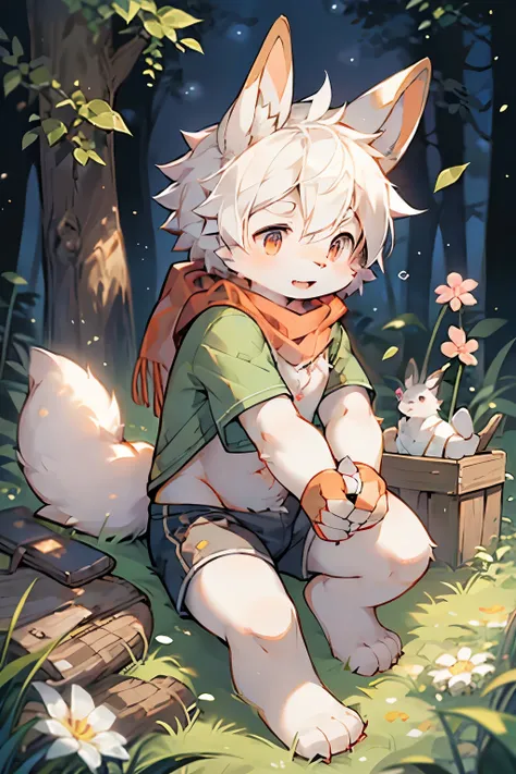 Dwarf rabbit boy，Bunny ears，Furry boys，Baby characteristics，Red pupil，White skin，White Arm，White hair，scarf，shorts，Forest Background，Flowers