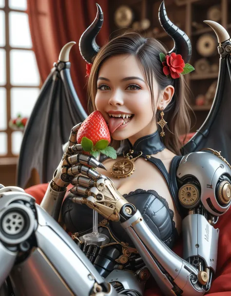 score_9, score_8_superior, score_7_superior,Mechanical demon woman、Detailed robot arm、Detailed robot leg、Detailed mechanical body、Detailed gears、Holding a giant strawberry and biting into it、Wolf-like Fangs、Bull-like horns、Large bat-like wings、Devil's ...