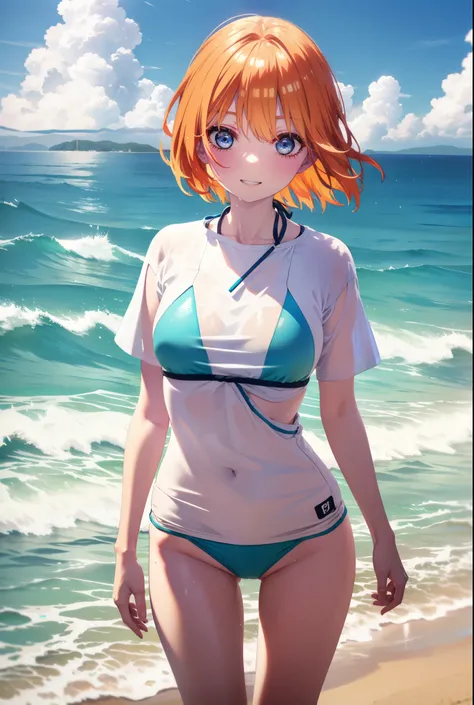 Yotsubanakano, Fourth floor Nakano, bangs, short hair, blue eyes, Hair between the eyes, Orange Hair, smile, Grin,Oversized green t-shirt,Short sleeve,Yellow bikini swimsuit,barefoot,Wet swimsuit,Wet Skin,Wet Hair,whole bodyがイラストに入るように,
break outdoors,Ocea...