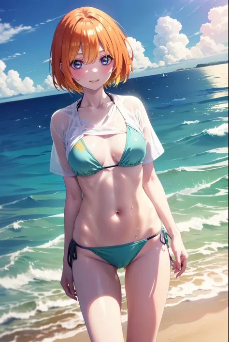 Yotsubanakano, Fourth floor Nakano, bangs, short hair, blue eyes, Hair between the eyes, Orange Hair, smile, Grin,Oversized green t-shirt,Short sleeve,Yellow bikini swimsuit,barefoot,Wet swimsuit,Wet Skin,Wet Hair,whole bodyがイラストに入るように,
break outdoors,Ocea...