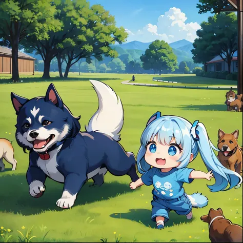 Light blue long hair、Cute chibi girl with twin tails、T-shirt and denim jumpsuit、Bright smile、Lots of dogs、Lots of dogs、blue sky、Lots of dogs、Dog running on the grass