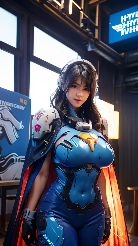 Cosplayer_Queen, CLOSE UP UPPER BODY,solo, COWBOY SHOT, ((E-SPORT HEADPHONE, ASIAN WAVY BLODE HAIR:1.4)), (GIGANTIC FAKE BREASTS,11 LINE ABS:1.5), (TIGHT BLUE FUTURISTIC MECHA BODYSUIT OVERWATCH, ROYAL LONG CAPE:1.5), (MUSCULAR SLENDER BODY SHAPE:1.5), (CL...