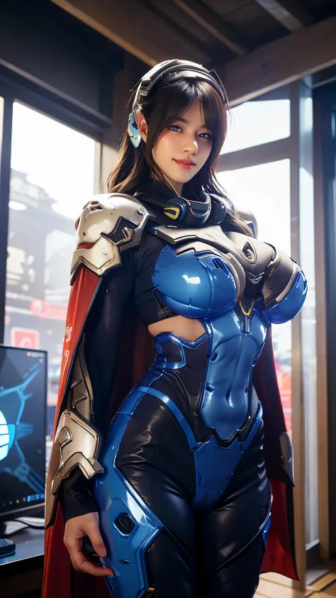 Cosplayer_Queen, CLOSE UP UPPER BODY,solo, COWBOY SHOT, ((E-SPORT HEADPHONE, ASIAN WAVY BLODE HAIR:1.4)), (GIGANTIC FAKE BREASTS,11 LINE ABS:1.5), (TIGHT BLUE FUTURISTIC MECHA BODYSUIT OVERWATCH, ROYAL LONG CAPE:1.5), (MUSCULAR SLENDER BODY SHAPE:1.5), (CL...