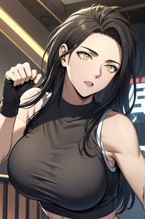 black hair,masterpiece,best quality,highres,ultra-detailed,aashizue,yellow eyes,long hair,(sports bra:1.2), boxing gloves,toned, muscular,(sleeveless:1.4),cowboy shot,
