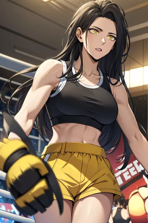 black hair,masterpiece,best quality,highres,ultra-detailed,aashizue,yellow eyes,long hair,(sports bra:1.2), boxing gloves,toned, muscular,(sleeveless:1.4),cowboy shot,
