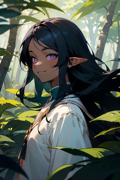 elf girl, dark skin color, Long black hair, violet eyes, that he is looking straight ahead and has a smiling look and there is a forest background 