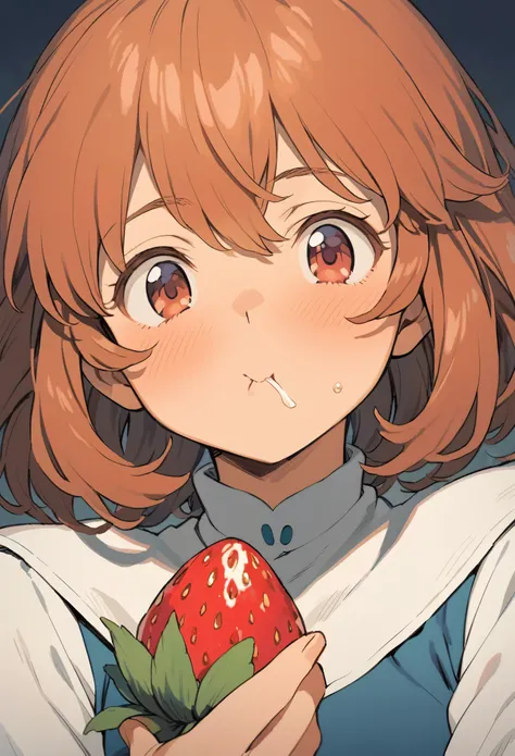 ghibli, nausicaa, a girl eating a large strawberry with gusto, face close-up