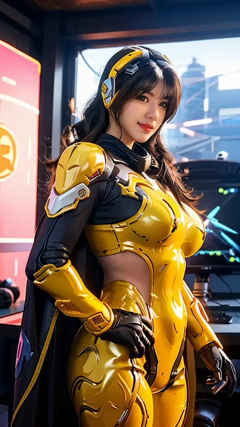 vonnyfelicia, CLOSE UP UPPER BODY,solo, COWBOY SHOT, ((E-SPORT HEADPHONE, WAVY BLODE HAIR:1.4)), (GIGANTIC FAKE BREASTS,11 LINE ABS:1.5), (TIGHT YELLOW FUTURISTIC MECHA BODYSUIT OVERWATCH, ROYAL LONG CAPE:1.5), (MUSCULAR BODY SHAPE:1.5), (CLEAN GLOSSY BODY...