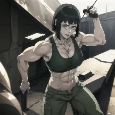 (best quality,ultra-detailed,realistic:1.37),musclaur badass girl with sculpted body with preview her musclaur body and eight-pack, full review of the female characters face and body, intense expression, strong and confident posture, studio lighting, vivid...