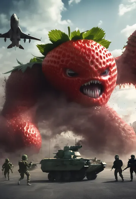 Soldiers are walking around the strawberry monster with tanks in the background, fight with strawberries, Tomato Monster, Fruit Monster, strawberry ninja, Vojtek Fuss, The monster that will destroy Pyongyang, Cyberdemon in Omaha Beach, Inspired by Igor Mor...