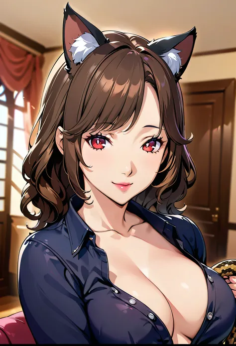 (masterpiece:1.2)，(junkotvvxl) cat ears, Highest quality，Top image quality，Top animation quality，Digital Animation，screencap，solo，Upper Body，A mature woman，Natural Curl，Brown curly hair，red eyes，Big ，(Cleavage:0.9)，Clear pupils，Smile，Pale pink lipstick，war...