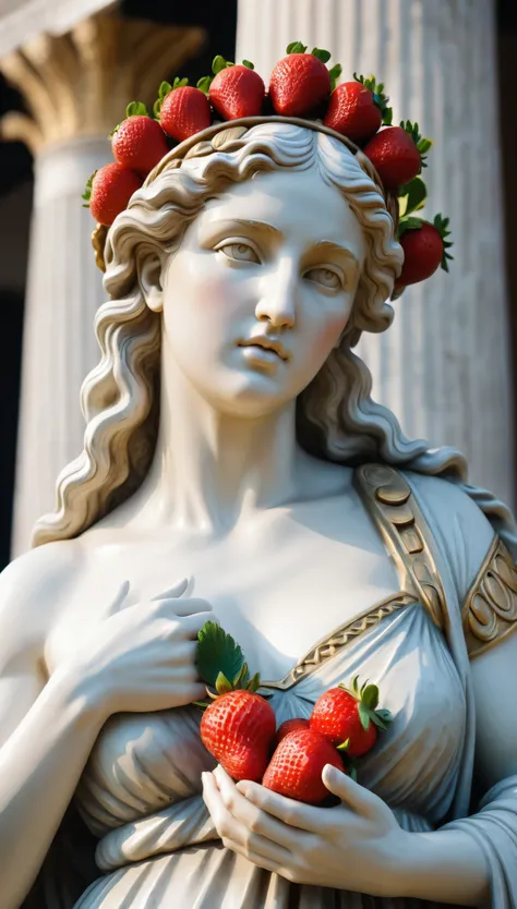 (8k, Highest quality, masterpiece)，Greek Mythology, Fertility Goddess, huge busts, Holding a strawberry in hand, Upper body close-up