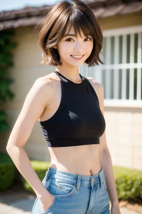 (Hyper Reality: 1.35), (Realistic: 1.4), A beautiful Japanese woman, smile, alone. (((No makeup))), masterpiece, 最high quality, high quality, alone, Very good, puberty, Only one girl, ((Perfect body)),((最high quality)),((Hello)),((Very delicate and beautif...