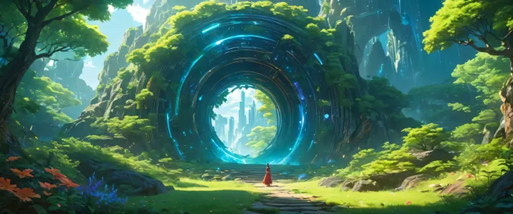 (anime, fantasy, fantasy dimension), (detailed CG unity 8k wallpaper, masterpiece, best quality, ultra-detailed, HDR:1.2), vibrant colors, intricate, high FXAA, unknown land, glowing portal, sci-fi fantasy, particle, unknown foliage