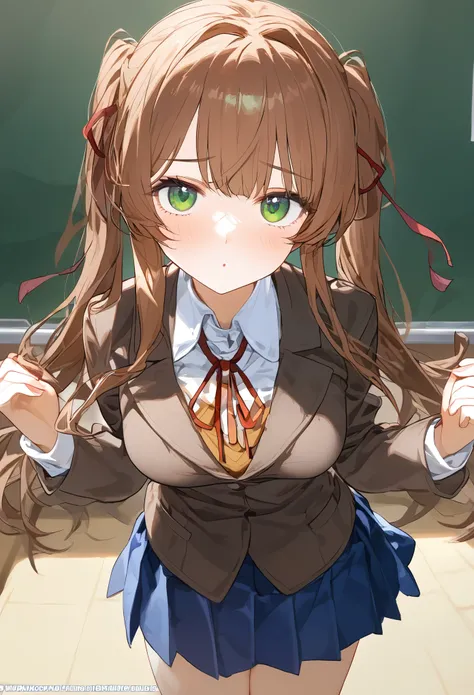 Monika, ddlc, looking at the viewer, green eyes, school uniform, brown blazer, blue skirt