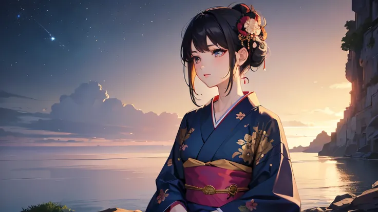 masterpiece,highest quality,((Super Detailed Woman1)),Super detailed face,Super detailed eye,yukata,Sitting,day time,Fantasy,Calm,nebula,High resolution