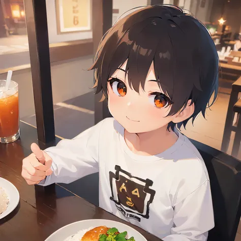 (looking at viewer:1.5),Eating rice、
child、masterpiece、Highest quality、 (Short hair with brown bangs) and (Orange eyes) and (5 year old boy:1.5)、Boy,
White long sleeve T-shirt、smile,The background is a restaurant at night