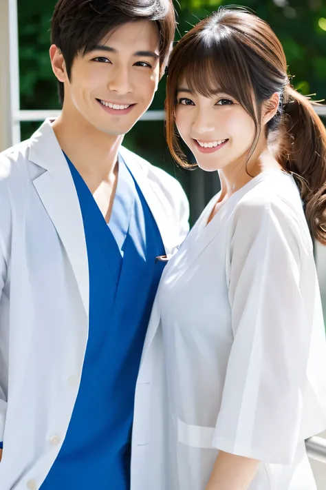 Photorealistic, high resolution, High resolution,Japanese male nurse, Handsome, Idol, Japan Beautiful Nurse, Two people side by side, Smile, White Lab Coat, Upper Body, hospital, ward