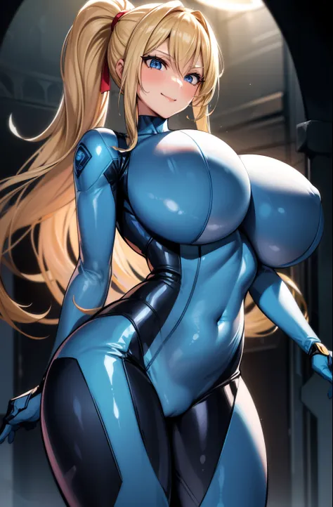 ((masterpiece)),(best quality),(detailed), 1girl, solo, (mature woman), long hair, ponytail, blond hair, wavy hair, blue eyes, smile, gigantic breasts, navel, ((bodysuit)), samus, thick