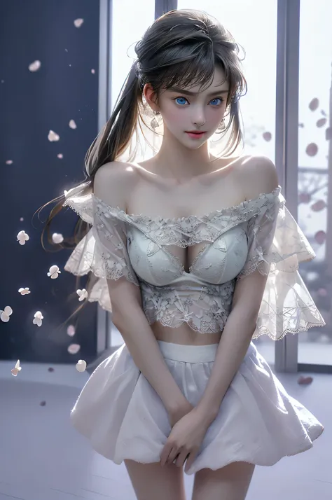 (Girl in a semi-transparent one-shoulder white miniskirt dress）, (photo realistic:1.4), (hyper realistic:1.4), (realistic:1.3), (smoother lighting:1.05), (increase cinematic lighting quality:0.9),. 32K, 1girl,20yo girl, realistic lighting, backlight, light...