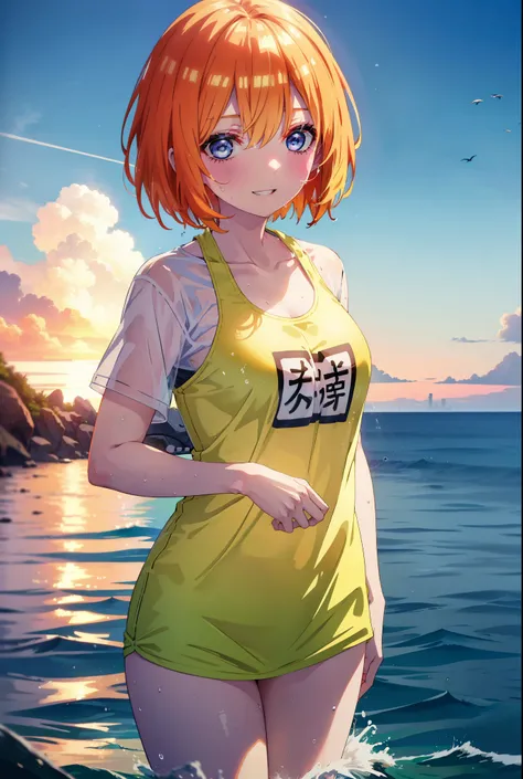 Yotsubanakano, Fourth floor Nakano, bangs, short hair, blue eyes, Hair between the eyes, Orange Hair, smile, Grin,Green T-shirt,Short sleeve,Yellow bikini swimsuit,barefoot,Wet swimsuit,Wet clothes,Wet Skin,Wet Hair,whole bodyがイラストに入るように,
break outdoors,Oc...