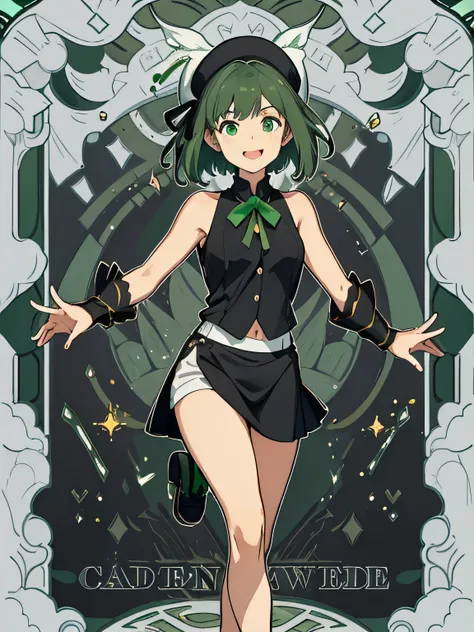Masterpiece, first class, (perfect face: 1.1 points), (attention to detail: 1.1 points), one of a kind, (healthy skin), cartoon, deformed, full body, anteater, white skin, (dark green shiny hair), (bright green tips), (large black ribbon on side), green ey...