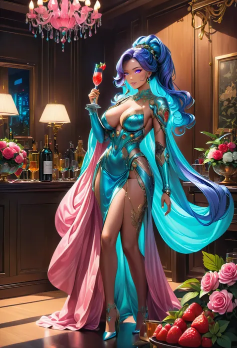 a portrait of  an exotic, elegant beautiful mecha woman eating an epic, (legendary strawberry: 1.3) in cocktail party , ((full body: 1.5)), ((anatomically correct: 1.5)), (ultra detailed face: 1.2), dynamic eye color, glowing eyes, dynamic hair color, dyna...