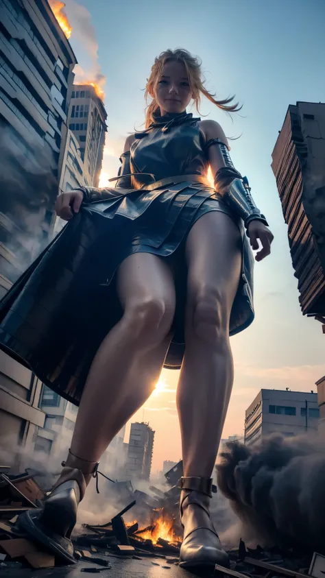 (Giantess elements, high resolution, high quality, accurate body structure, detailed body) Towering giant blonde girl, looking up at approaching woman from below, giantess attacking city, cute, women destroying small town, destroying small town, mischievou...