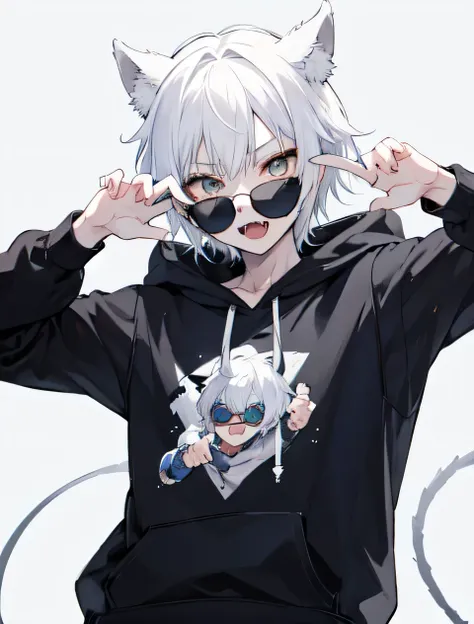 1Boy, Boyish, Catboy, Fangs Showing, Ultra-detailed Ice-colored Dragon Eyes, Eye-focus, Snow-White Hair, Head Shot, Cute Expression, Tight Hoodie, sunglasses, holding gun, handgun, Plain Background