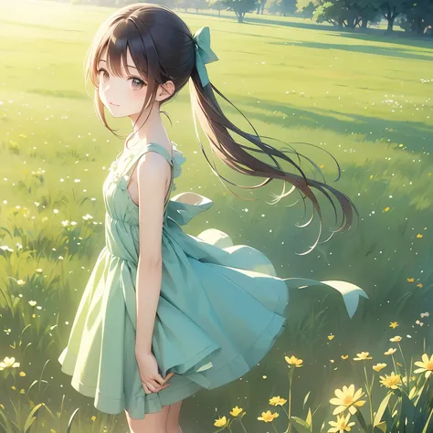 A green summer meadow stretches out as far as the eye can see, a beautiful girl is standing on a straight road, the summer sun is shining down on her, and a small red dragonfly is flying in the sky. This illustration has a girl manga-style touch.