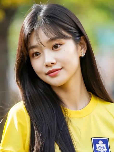 a close up of a woman with long hair wearing a yellow shirt, jaeyeon nam, blackpink jennie, kim doyoung, lee ji-eun, lee ji - eun, bae suzy, portrait of jossi of blackpink, park ji-min, heonhwa choe, lalisa manobal, sun yunjoo, jossi of blackpink