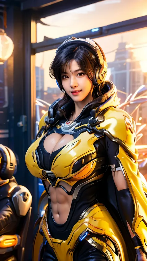 vonnyfelicia, CLOSE UP UPPER BODY,solo, COWBOY SHOT, ((E-SPORT HEADPHONE, WAVY BLODE HAIR:1.4)), (GIGANTIC FAKE BREASTS, CLEAVAGE, 11 LINE ABS:1.5), (TIGHT YELLOW FUTURISTIC MECHA BODYSUIT OVERWATCH, ROYAL LONG CAPE:1.5), (MUSCULAR BODY SHAPE:1.5), (CLEAN ...