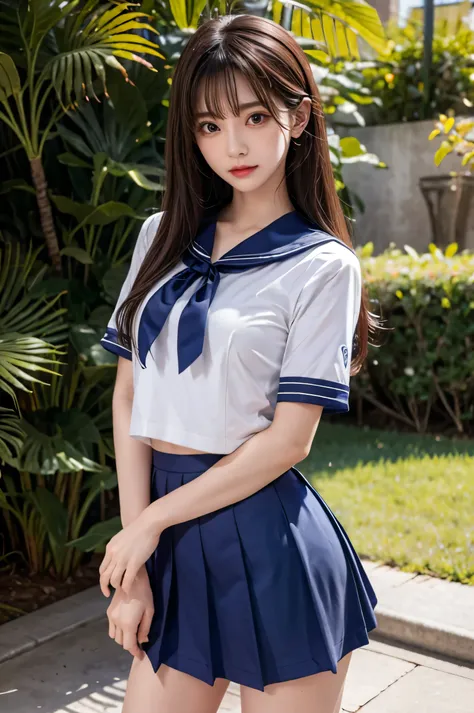 (ultra hd), (short-sleeved sailor uniform, navy blue mini skirt), big breasts, slender, whole body, standing posture, (clean and...