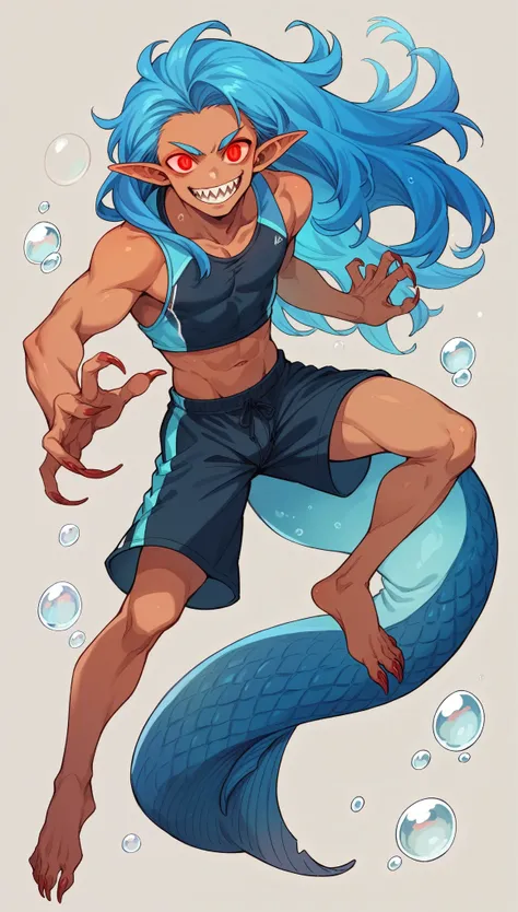 1 boy, Pointed ears, Solitary, Dynamic poses，Sportswear，Glowing eyes, Long hair, Red Eyes, Smile, Tanned skin,sharp teeth, Blue Hair，Deep sea background,bubble,Water Flow，fin，(barefoot，Long nails)，Fish scales