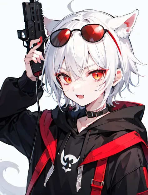 1Boy, Boyish, Catboy, Fangs Showing, Ultra-detailed red-colored Dragon Eyes, Eye-focus, Snow-White Hair, Head Shot, Cute Expression, Tight Hoodie, sunglasses, holding gun, handgun, Plain Background