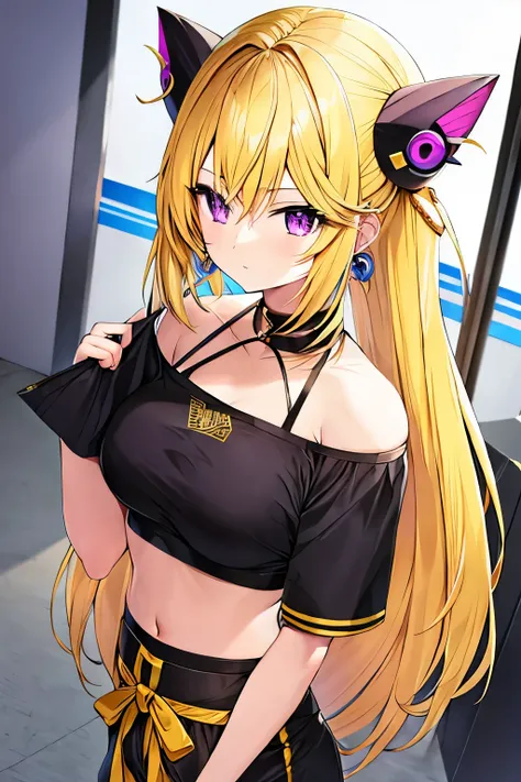 anime girl yellow hair emo clothes big pink earrings, purple eyes, For the game