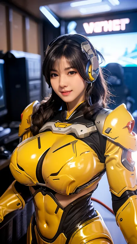 vonnyfelicia, CLOSE UP UPPER BODY,solo, COWBOY SHOT, ((E-SPORT HEADPHONE, WAVY BLODE HAIR:1.4)), (GIGANTIC FAKE BREASTS, CLEAVAGE, 11 LINE ABS:1.5), (TIGHT YELLOW FUTURISTIC BODYSUIT ARMOR BY OVERWATCH 2, ROYAL CLOAK:1.5), (MUSCULAR BODY SHAPE:1.5), (CLEAN...