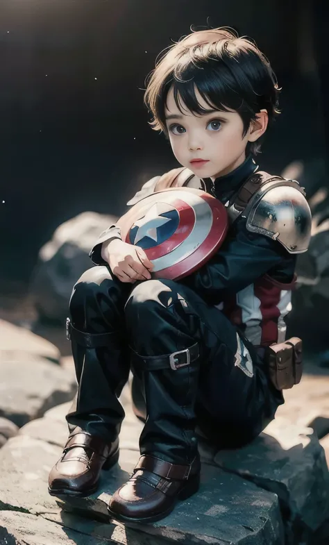 Blind box toy, resin toy, IP design, super cute little boy, wearing Captain America armor, fluffy plush texture, short black hair, sitting on a rock, full body photo. Front, exquisite gloss, studio lighting, best quality, super detail. 32k. 3D, OC renderer...