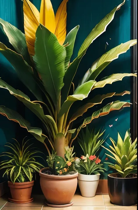 there are two potted plants that are sitting in a pot, bromeliads, flowering pineapples, colorful tropical plants, beautiful plants, ❤🔥🍄🌪, tropical flower plants, large exotic flowers, blooming tropical flowers, blue and yellow fauna, tropical houseplants,...