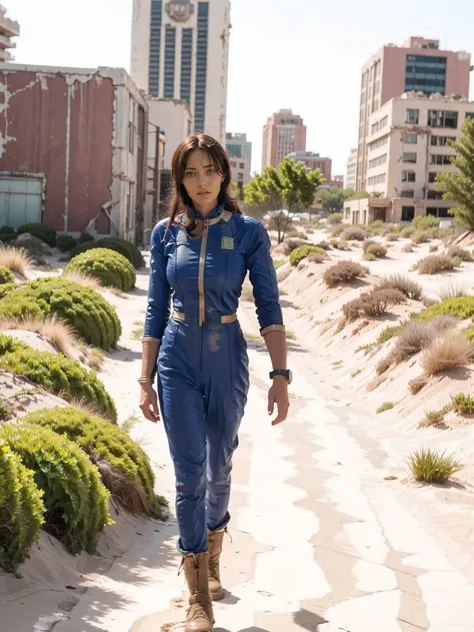 There is an 18 year old girl wearing a blue and gold vaultsuit -Vaultsuit Lucy- walking through a ruined city holding a large fallout gun, in a post-apocalyptic Las-Vegas city, destroyed casino buildings, (overgrown with vegetation), helicopter crash wreak...